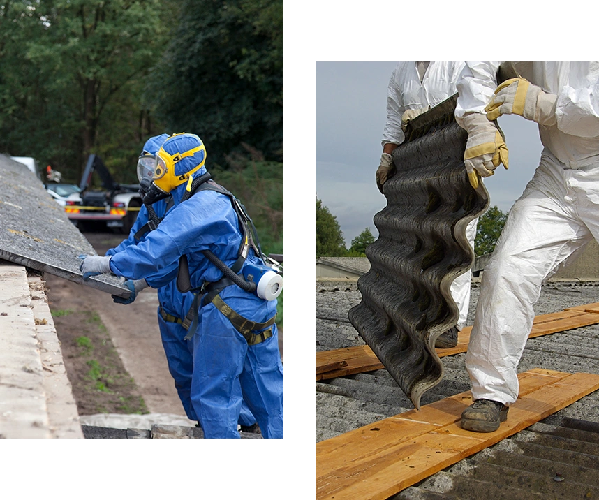 Workers removing asbestos roof tiles.